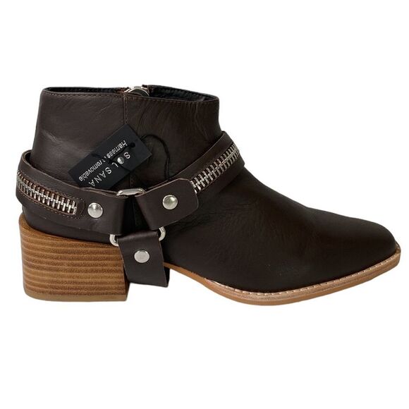 Sol Sana Eddie Leather Harness Zipper Ankle Boot Moto Western Chunky Stack Heel - Picture 1 of 16